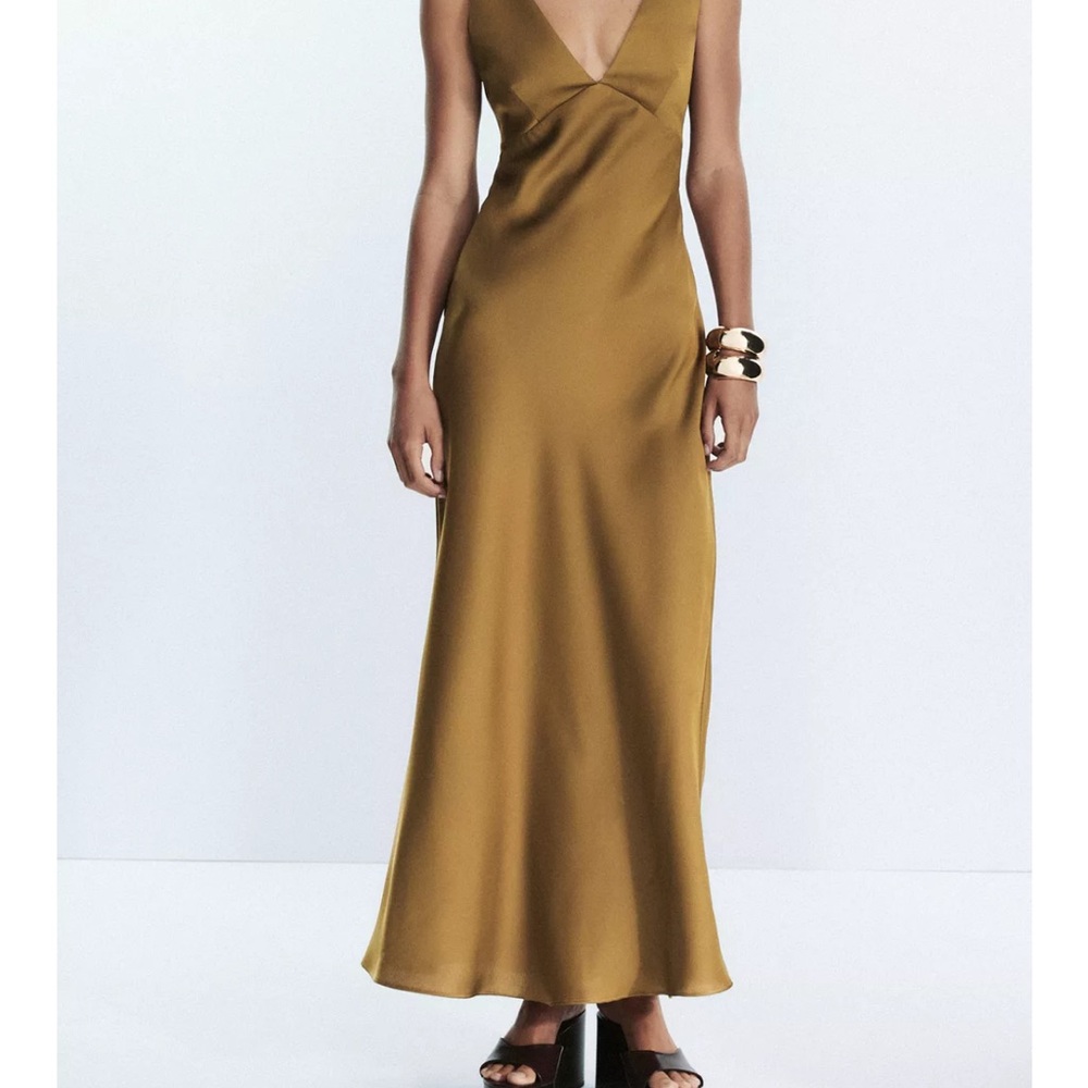 Zara Olive Green Satin V-Neck Maxi Dress